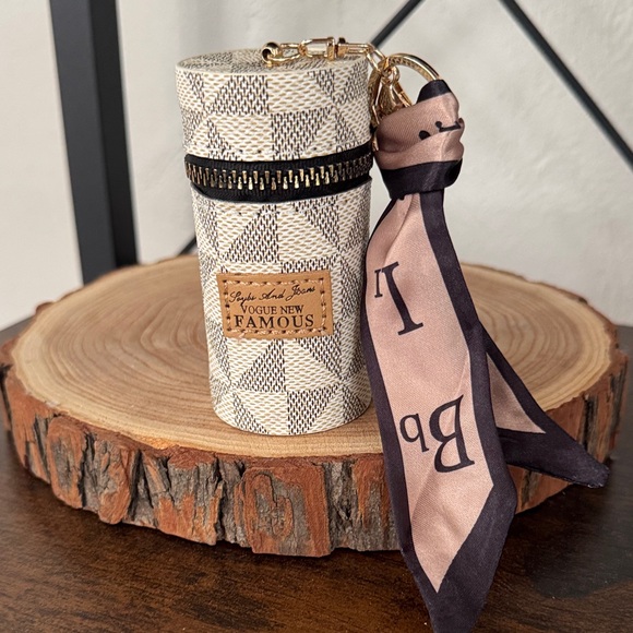 Handbags - White Cream Zippered Barrel Cylinder Pouch Essentials Bag w/Clip & Scarf Tie
